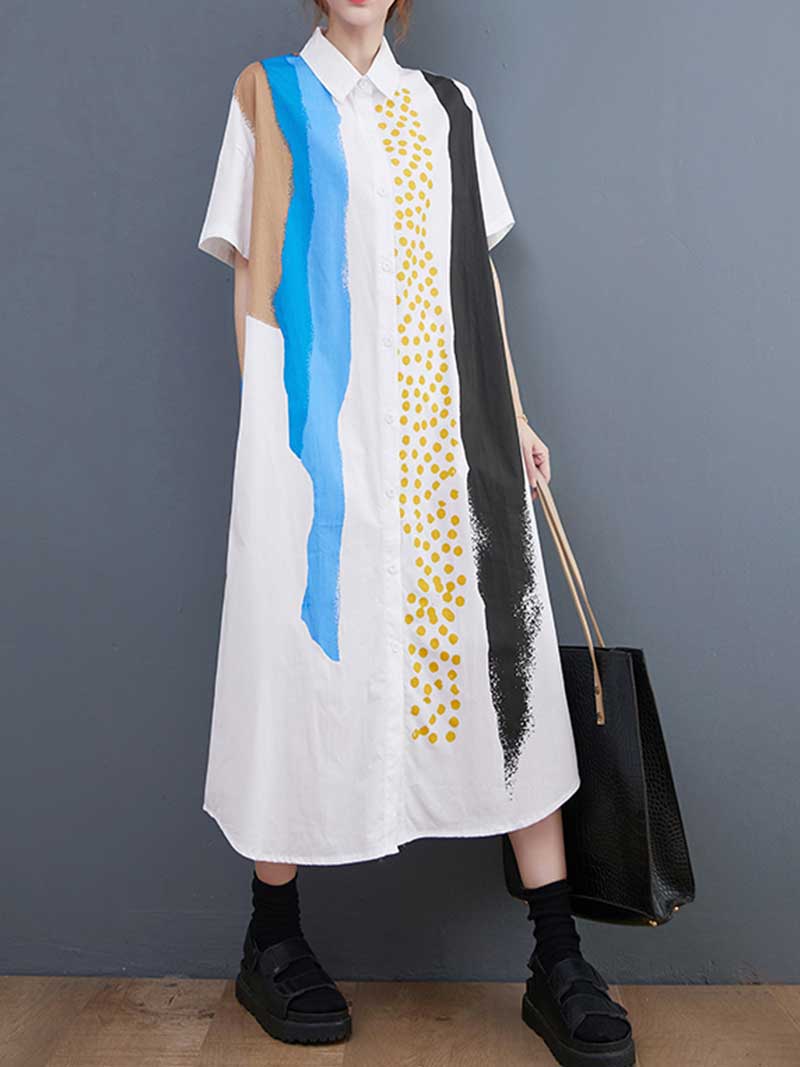 Cotton Art Print Short Sleeve Shirt Dress - Fashionpara