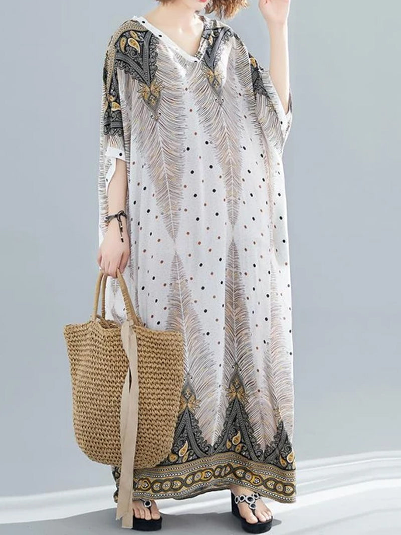 Feather Print V-Neck Batwing Kaftan Maxi Dress 7