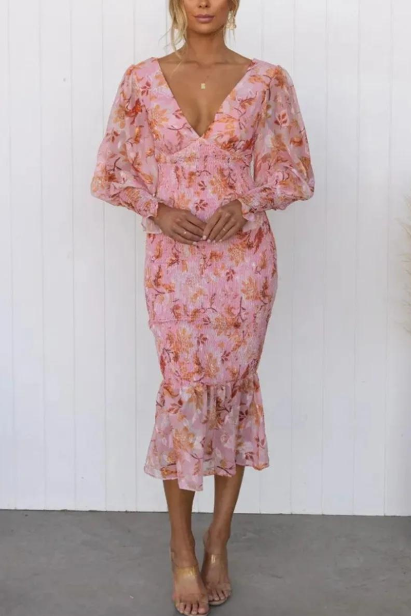 Floral Print Deep V-Neck Bishop Sleeve Ruffle Hem Mermaid Midi Dress