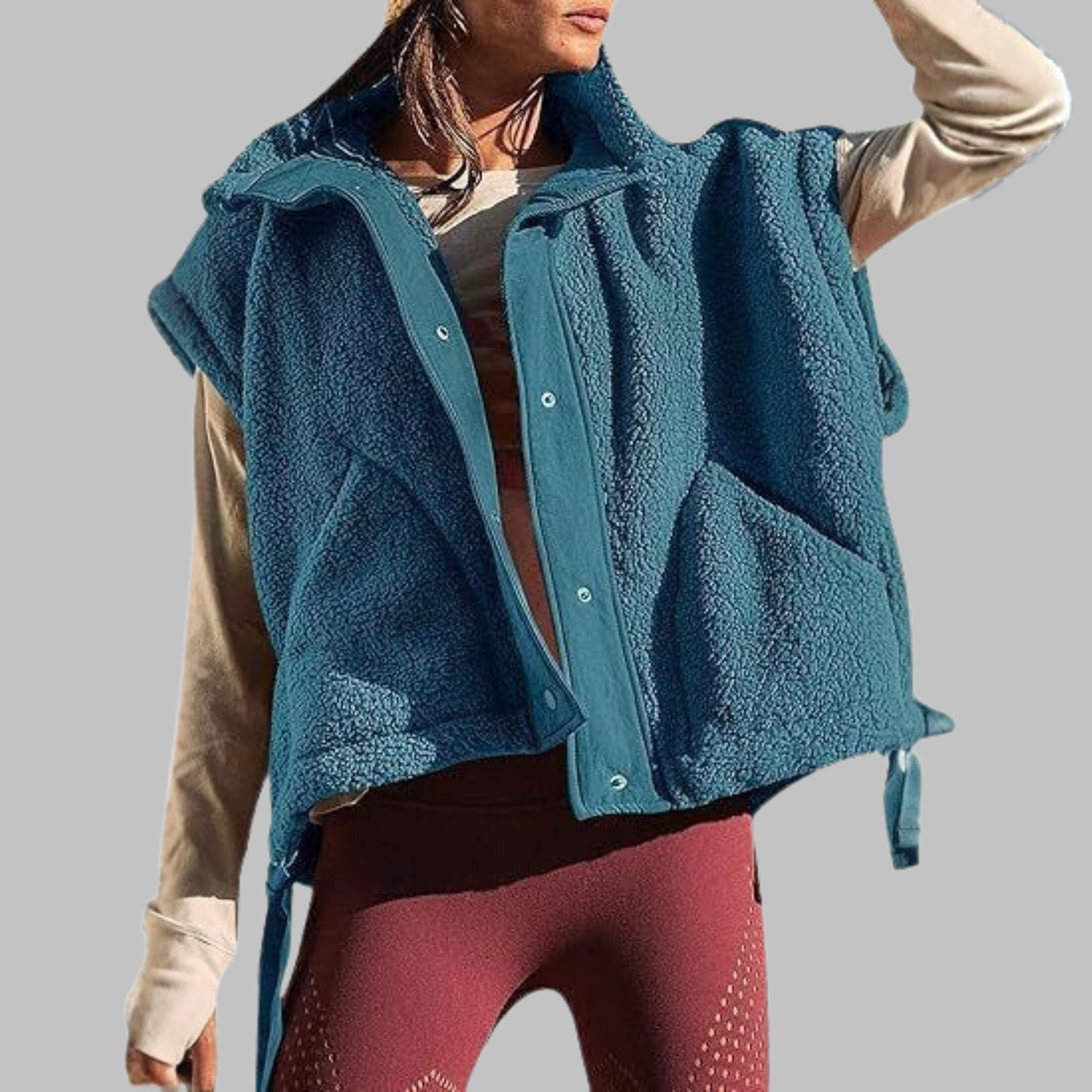 Fleece Stand Collar Button Front Sleeveless Vest 5