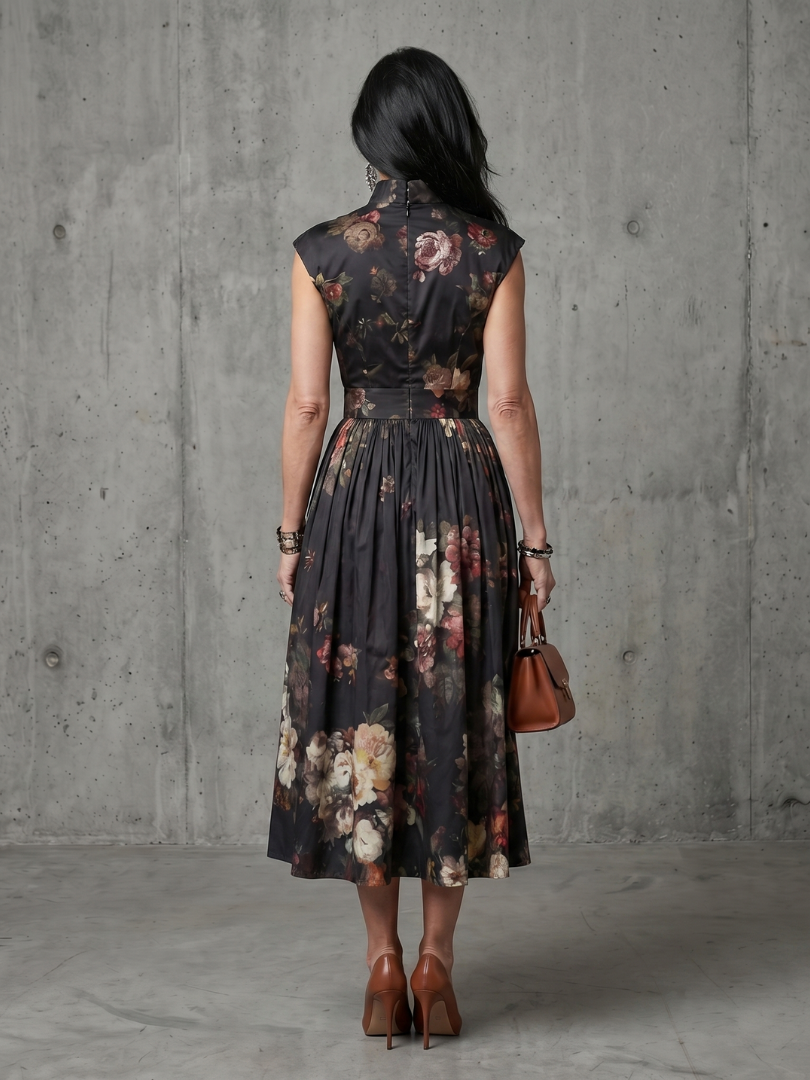 Floral High Neck Keyhole Cap Sleeve Pleated Midi Dress 5