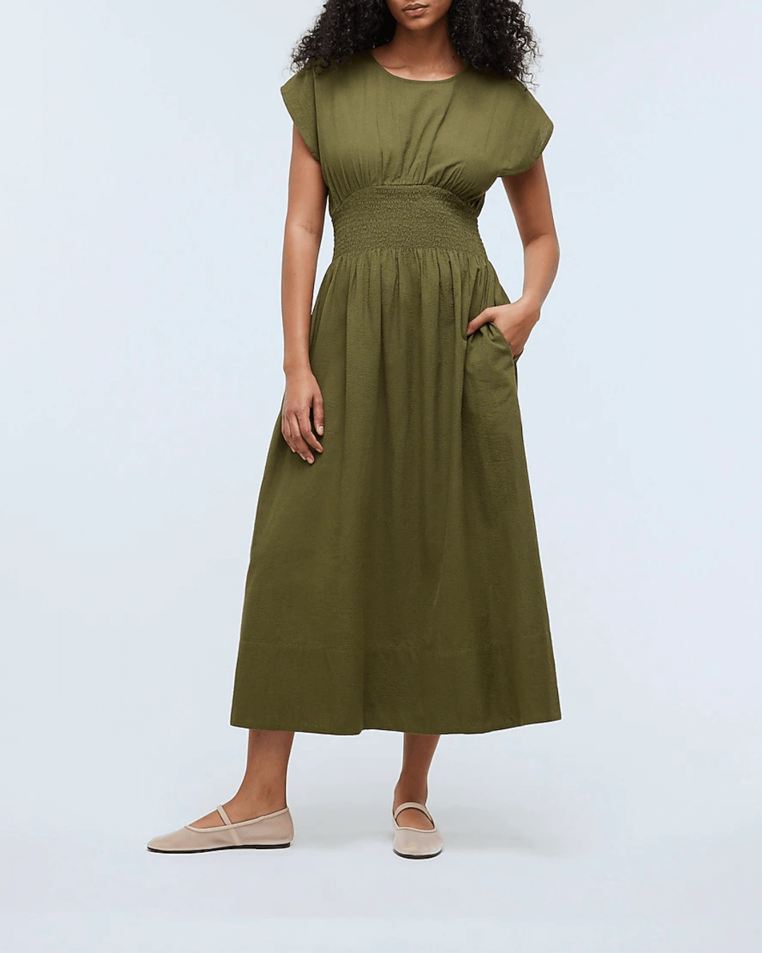 Smocked-Waist Midi Dress in Stripe Seersucker - Fashionpara