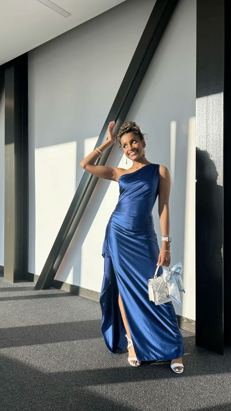 Chic One Shoulder Blue Satin Slit Long Party Dress Birthday Prom Gown Formal Wedding Guest Dress D1465