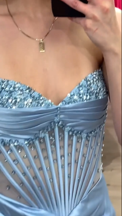 Classy Strapless Blue Satin Beaded Slit Mermaid Party Dress Long Prom Dress D913