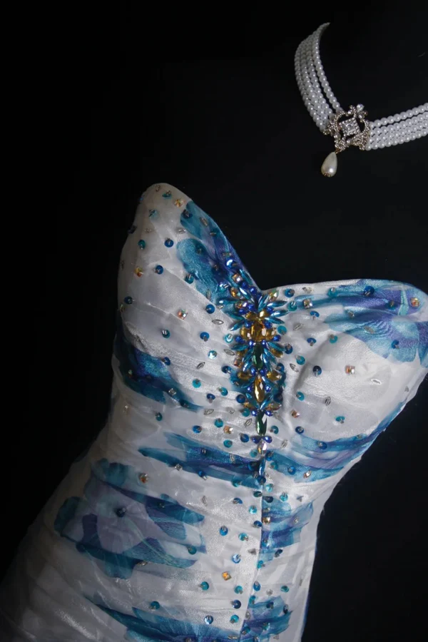 Elegant Sweetheart Neck Blue Tulle Print Floral Mermaid Long Prom Dresses Birthday Party Dress  D1516