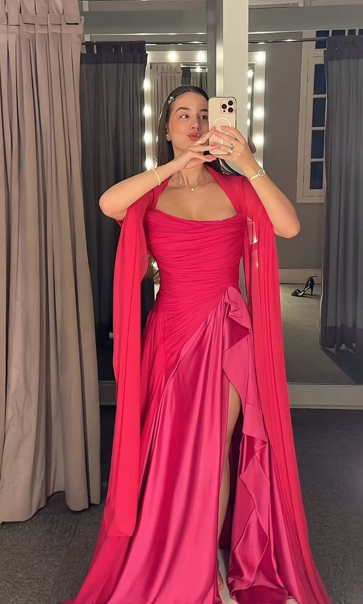 Stylish Pink Chiffon Satin Slit Mermaid Evening Long Party Dress D1416