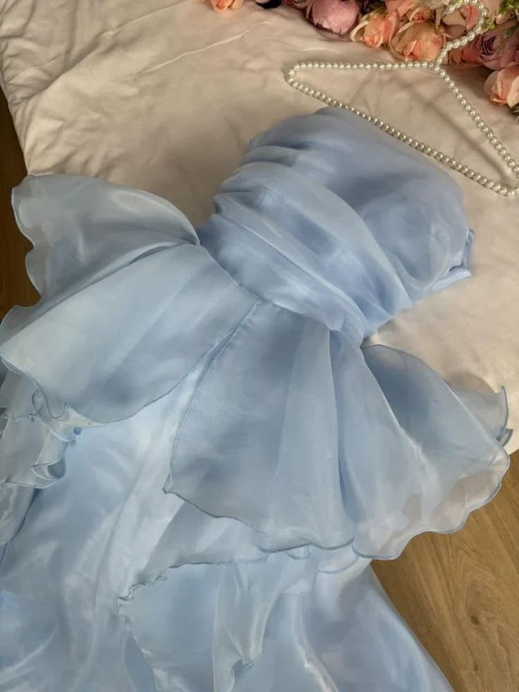 Classy Strapless Blue Organza Pleated Ruffles Long Party Dress Formal Wedding Guest Dress D1543