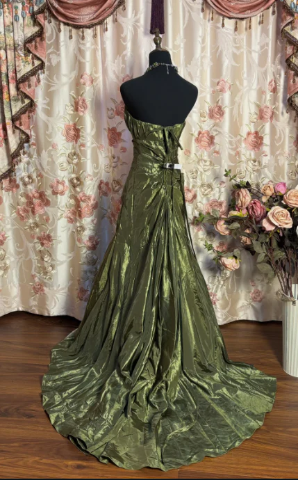 Retro Green Strapless Satin Pleated Mermaid Evening Dress Long Prom Gown D1065