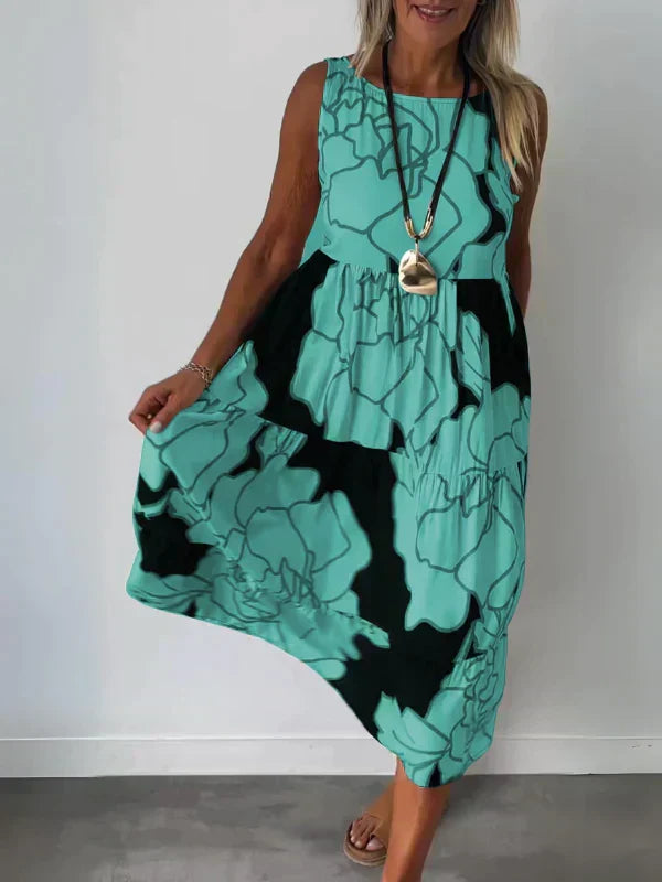 Sleeveless Round Neck Tiered Swing Midi Summer Dress - View 4