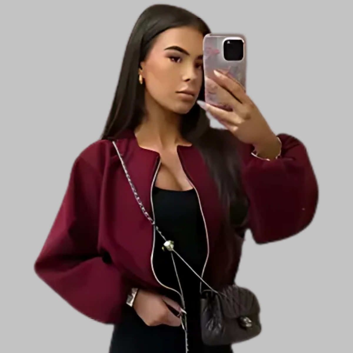 Zip Front Balloon Sleeve Collarless Cropped Bomber Jacket 3