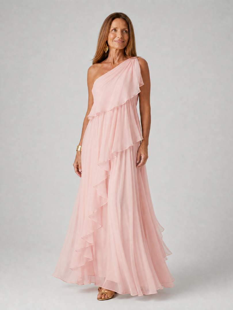 One Shoulder Ruffle Tiered Chiffon Maxi Gown 2