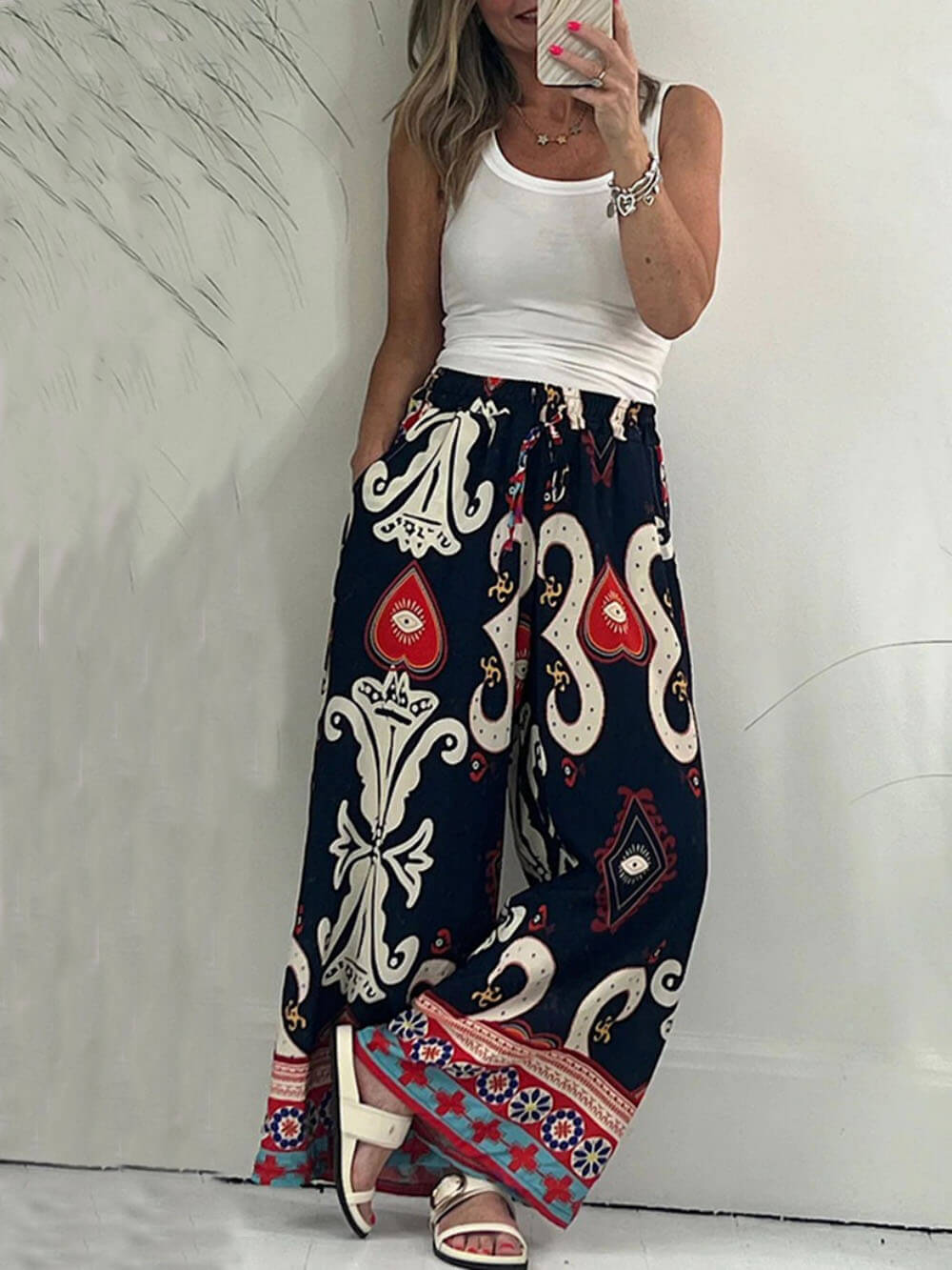 Printed Pocketed Drawstring Elastic Waist Pants - Fashionpara