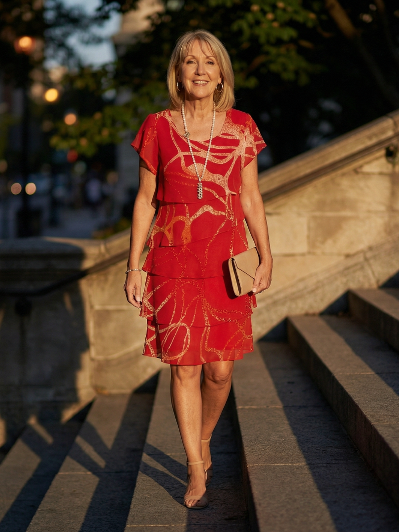 Scoop Neck Short Sleeve Metallic Swirl Tiered Midi Dress 5