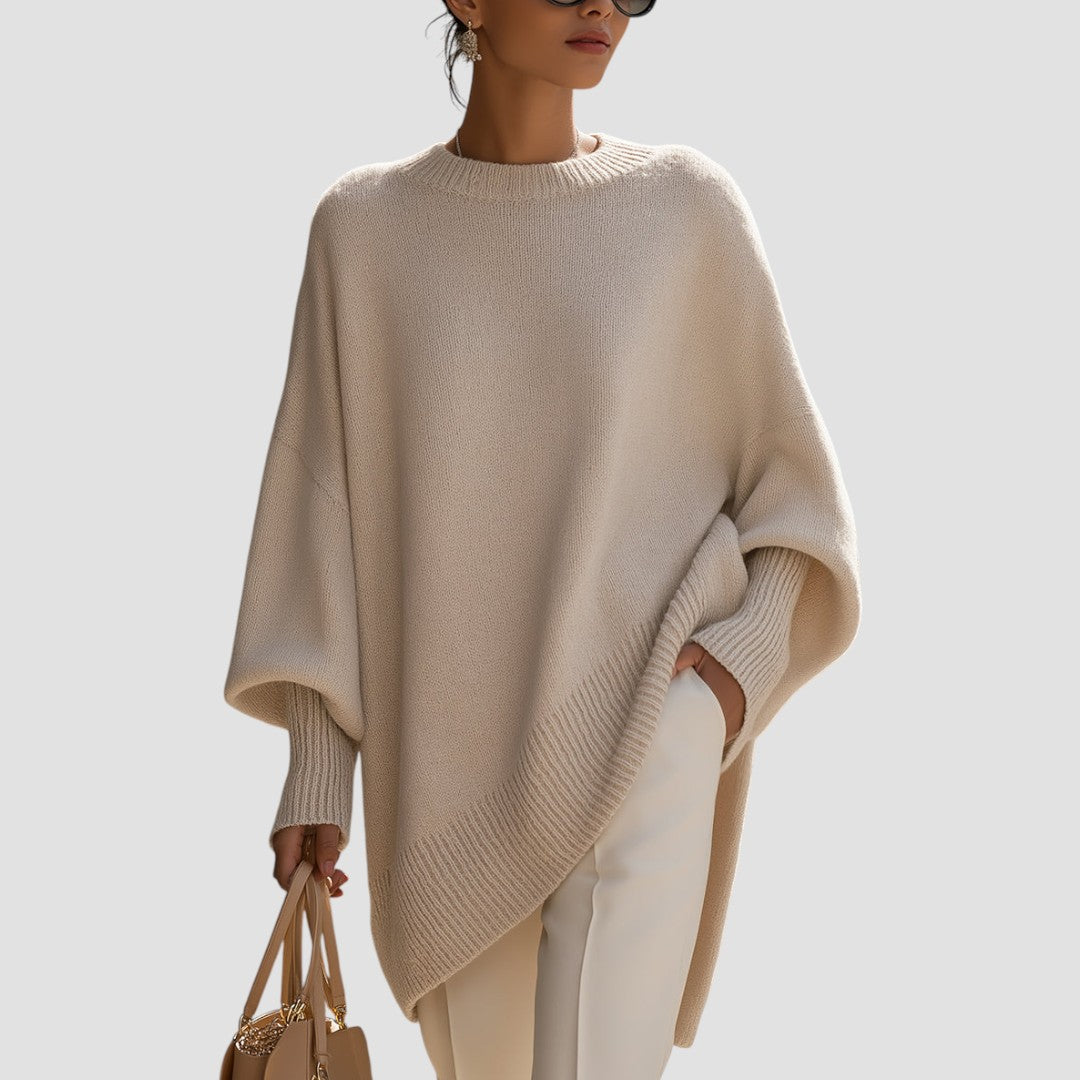 Mock Neck Batwing Sleeve Asymmetric Hem Oversized Poncho Sweater 5