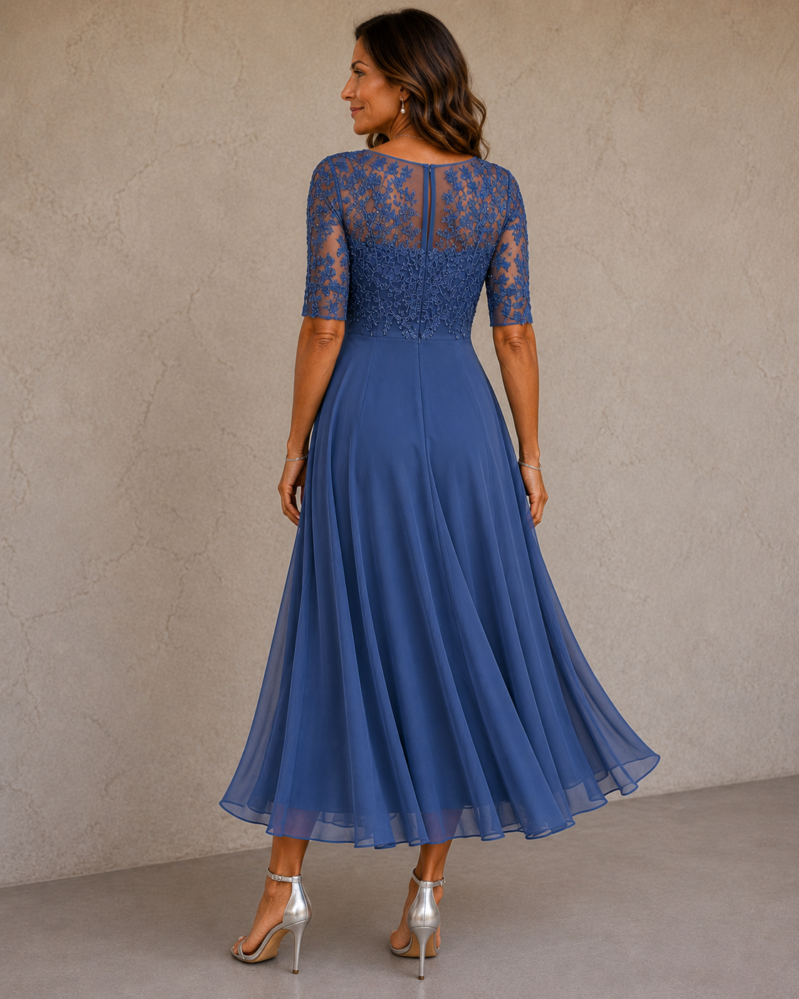 Lace Bodice Round Neck Short Sleeve Chiffon Midi Dress 5
