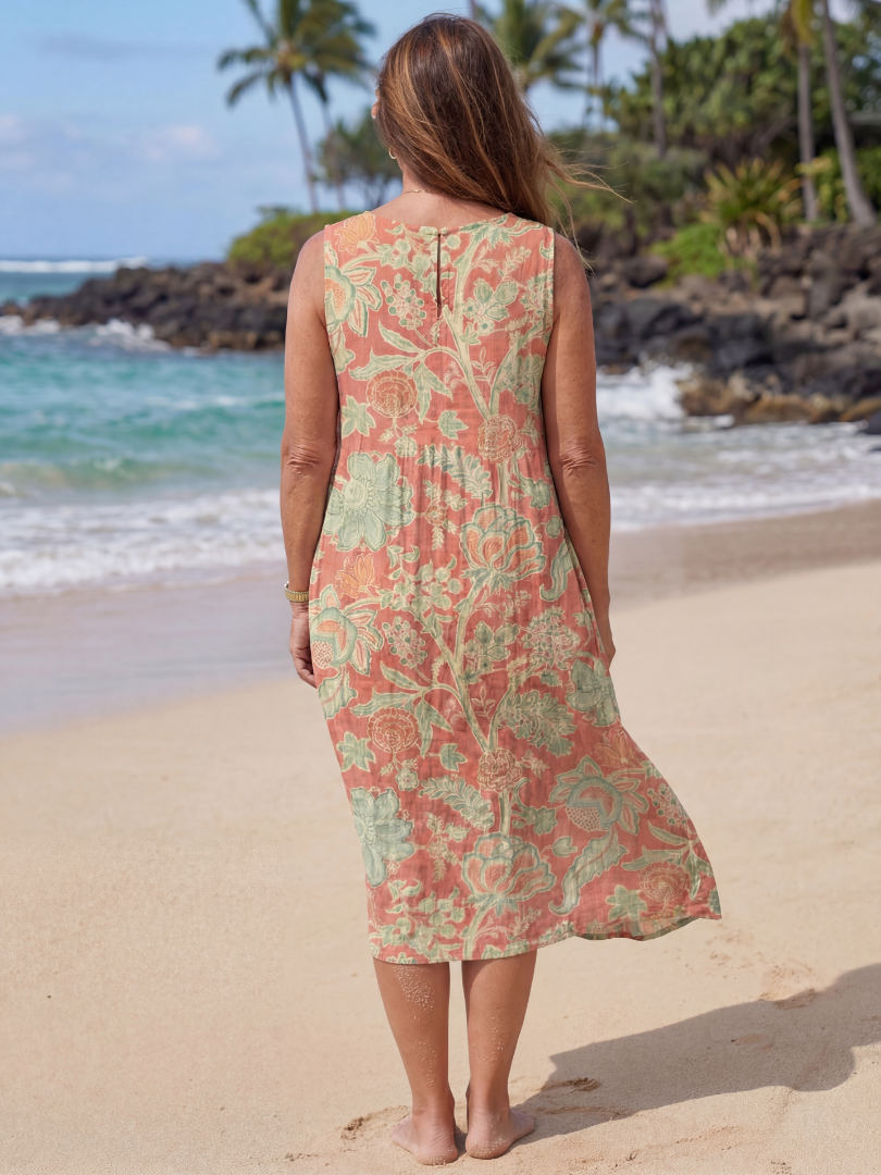 Jacobean Floral Round Neck Sleeveless Pocket Midi Dress 5