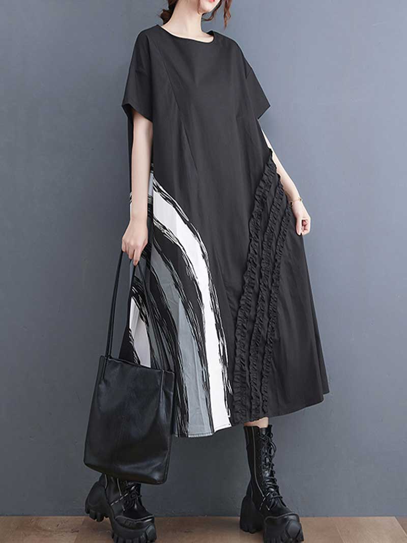 Cotton Short Sleeve Black A-Line Dress 4