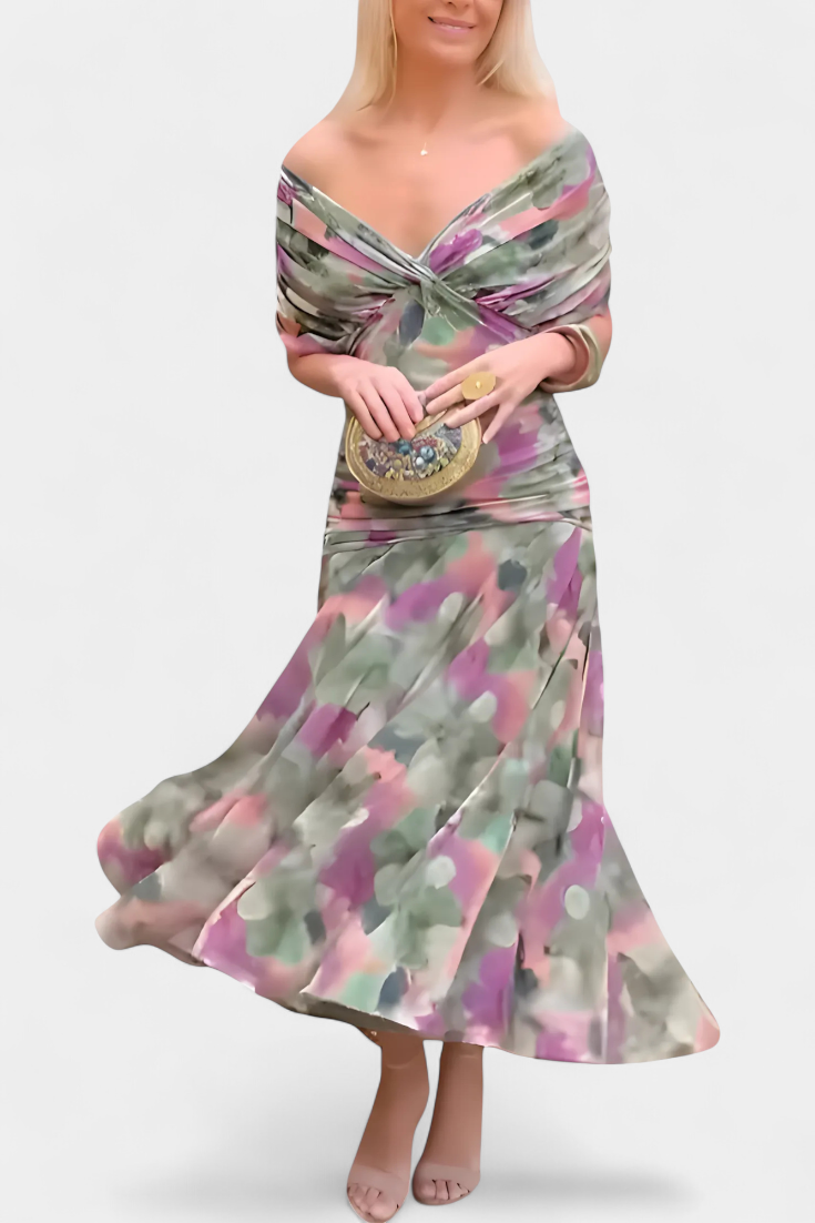 Deep V-Neck Ruched Draped Mesh Midi Dress 16