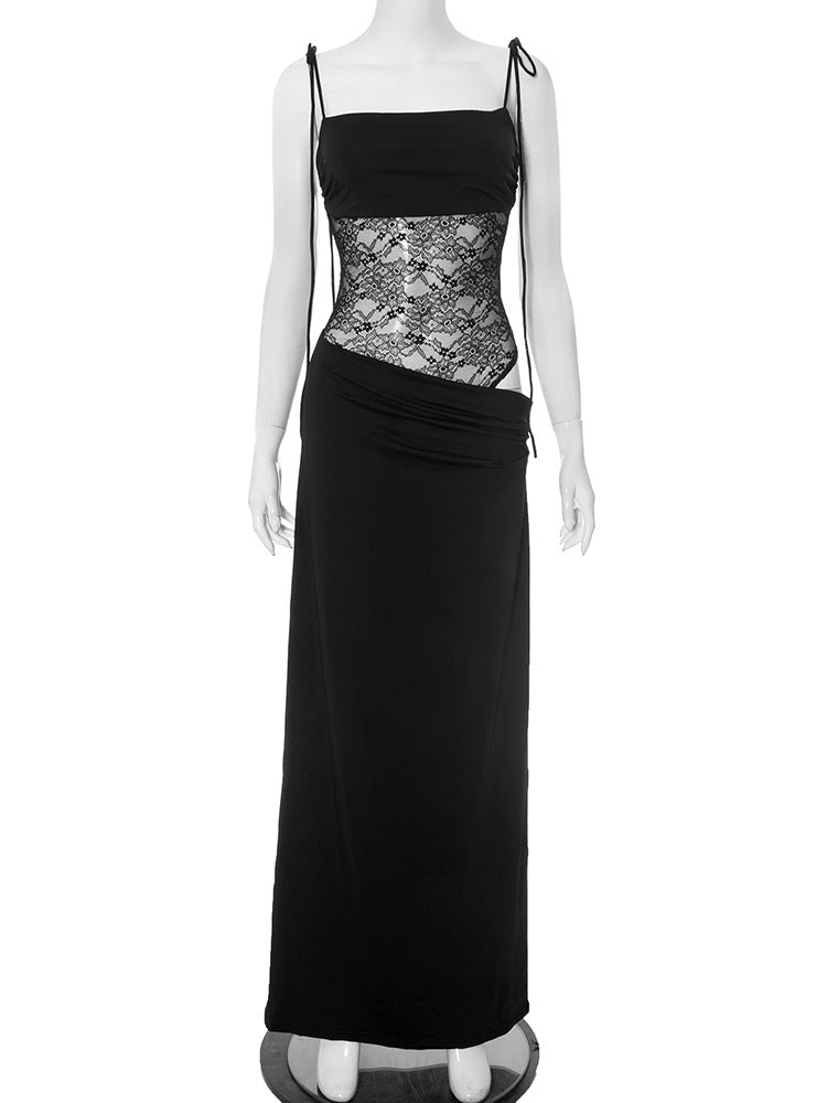 Strappy Lace-Panel Straight-Neck Column Maxi Dress 5