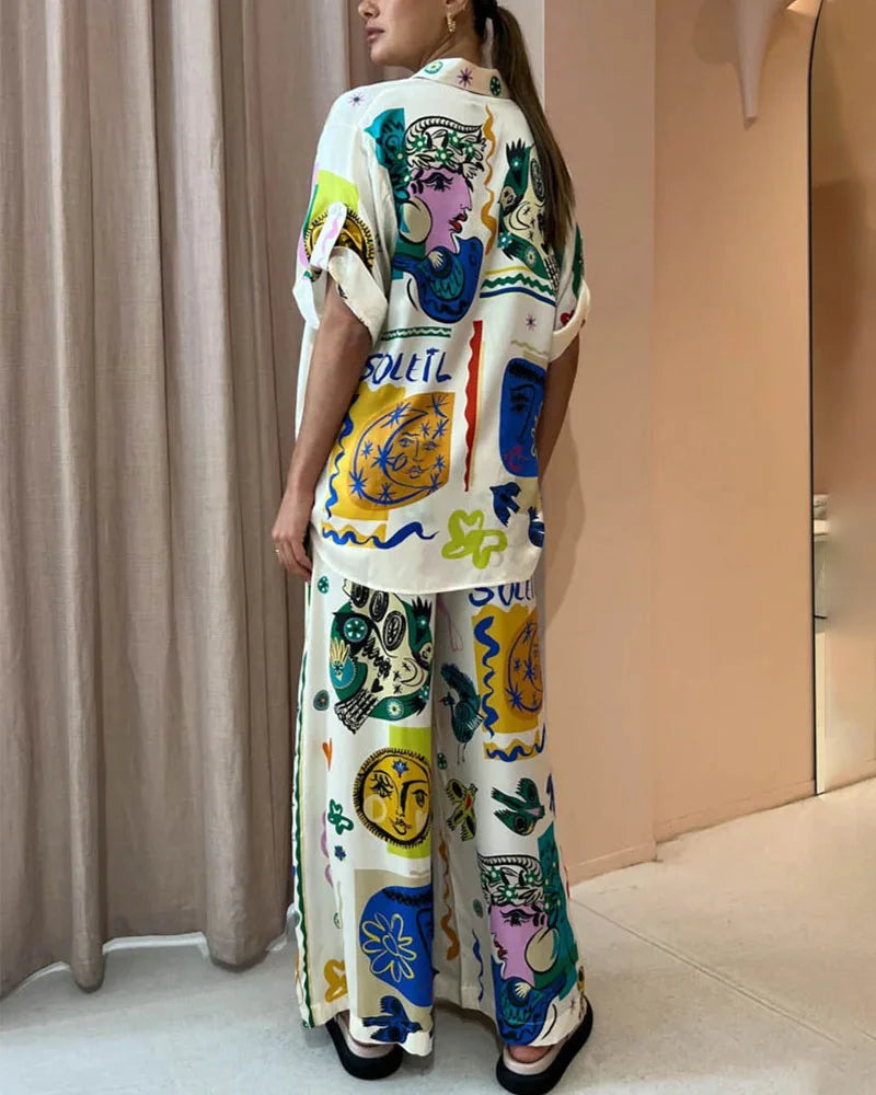 Artistic Graffiti Print Casual Two-Piece Set - Fashionpara