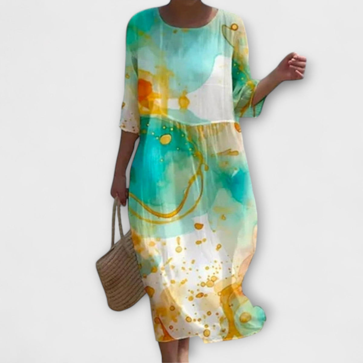 Rose Floral Round Neck Half Sleeve Loose Midi Dress 2