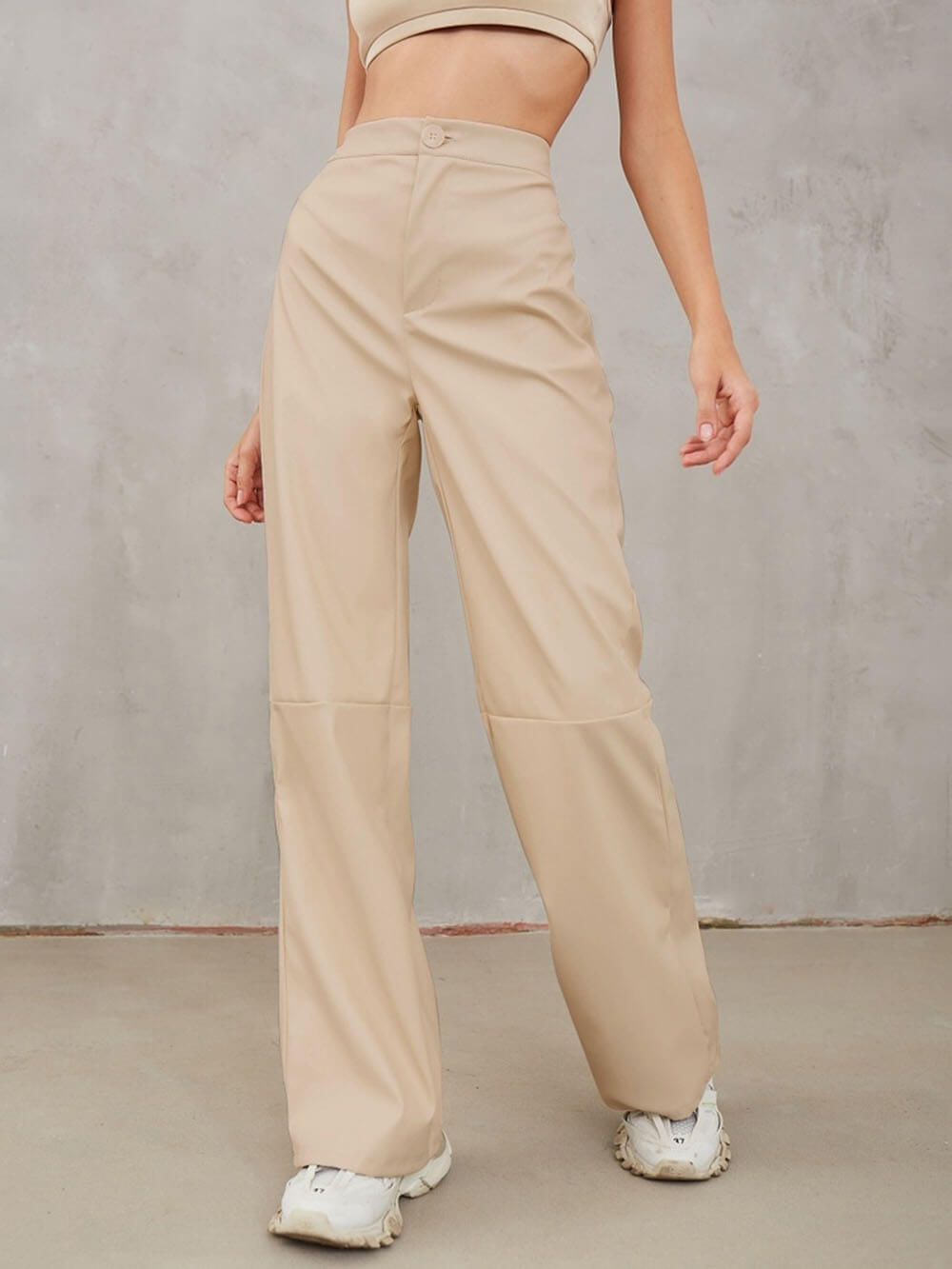 Casual High Waist PU Wide Leg Pants - Fashionpara