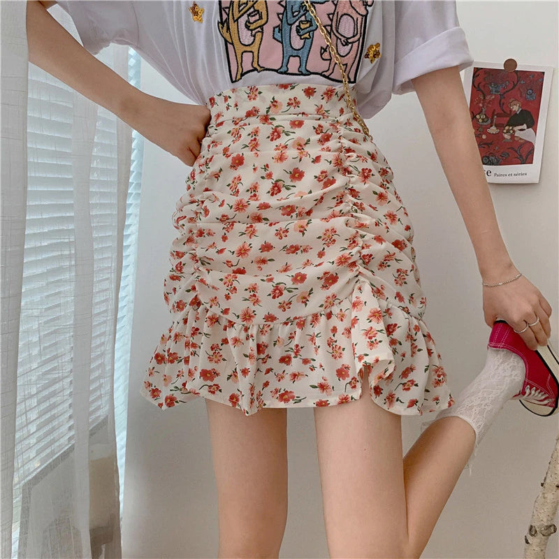 Flowers Pattern Folds Sexy Mini Skirts - Fashionpara