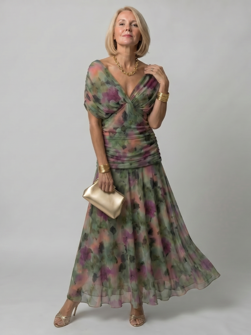 Floral Off Shoulder Ruched Chiffon Maxi Dress 7