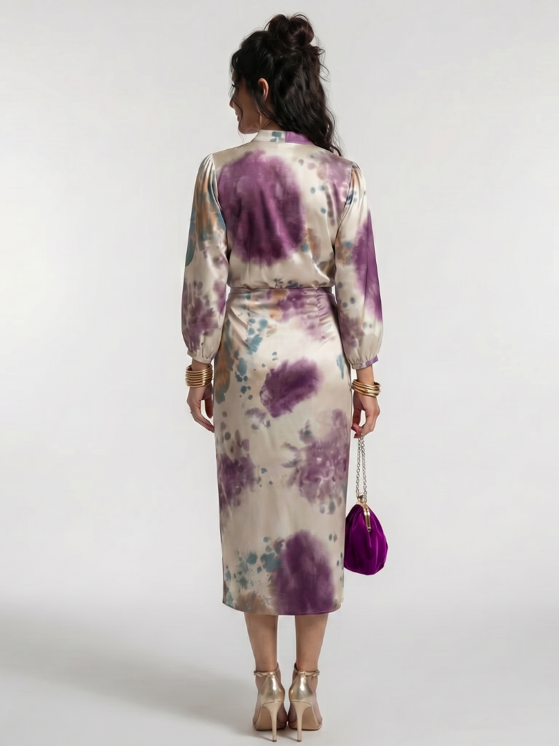 Watercolor Print V-Neck Long Sleeve Wrap Midi Dress 5