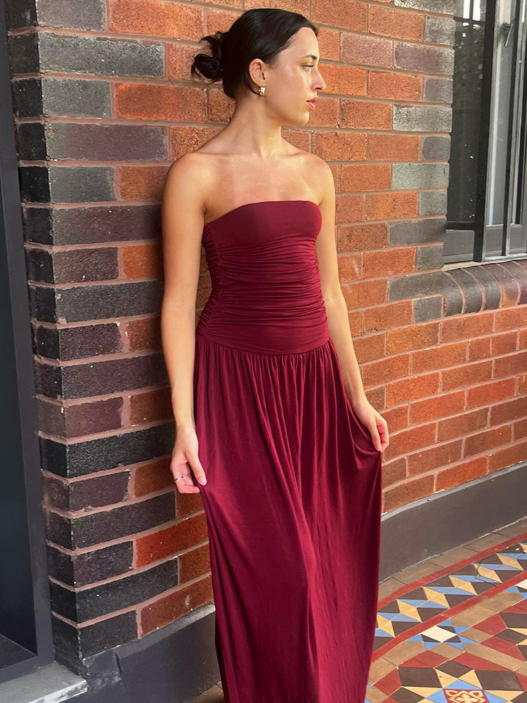 Strapless Ruched Bodice Drop Waist Maxi Dress 5