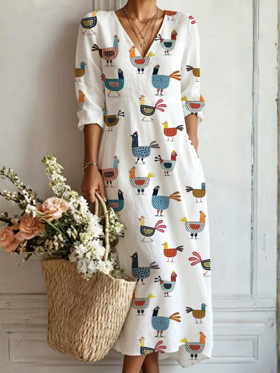 Rooster Print V-Neck Long Sleeve Linen Look Midi Dress