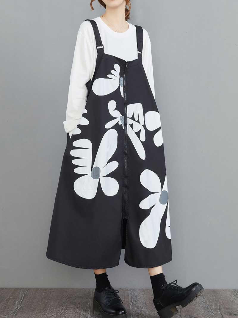 Floral Print Front Zip Pinafore Salopette Midi Dress 4