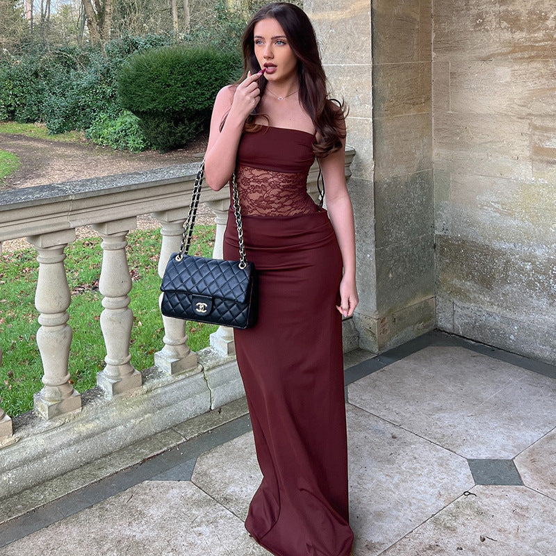 Lace-Panel Square-Neck Strappy Column Maxi Dress 5