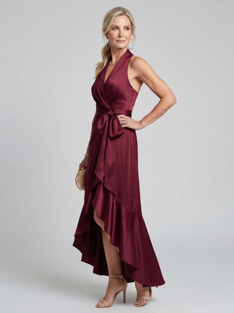 Satin Halter Neck Wrap Bow High Low Midi Dress 4
