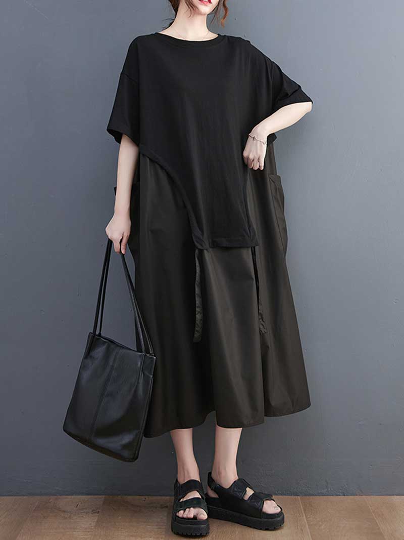 Plain Cotton Short Sleeve Pocket Style Midi Dress 5