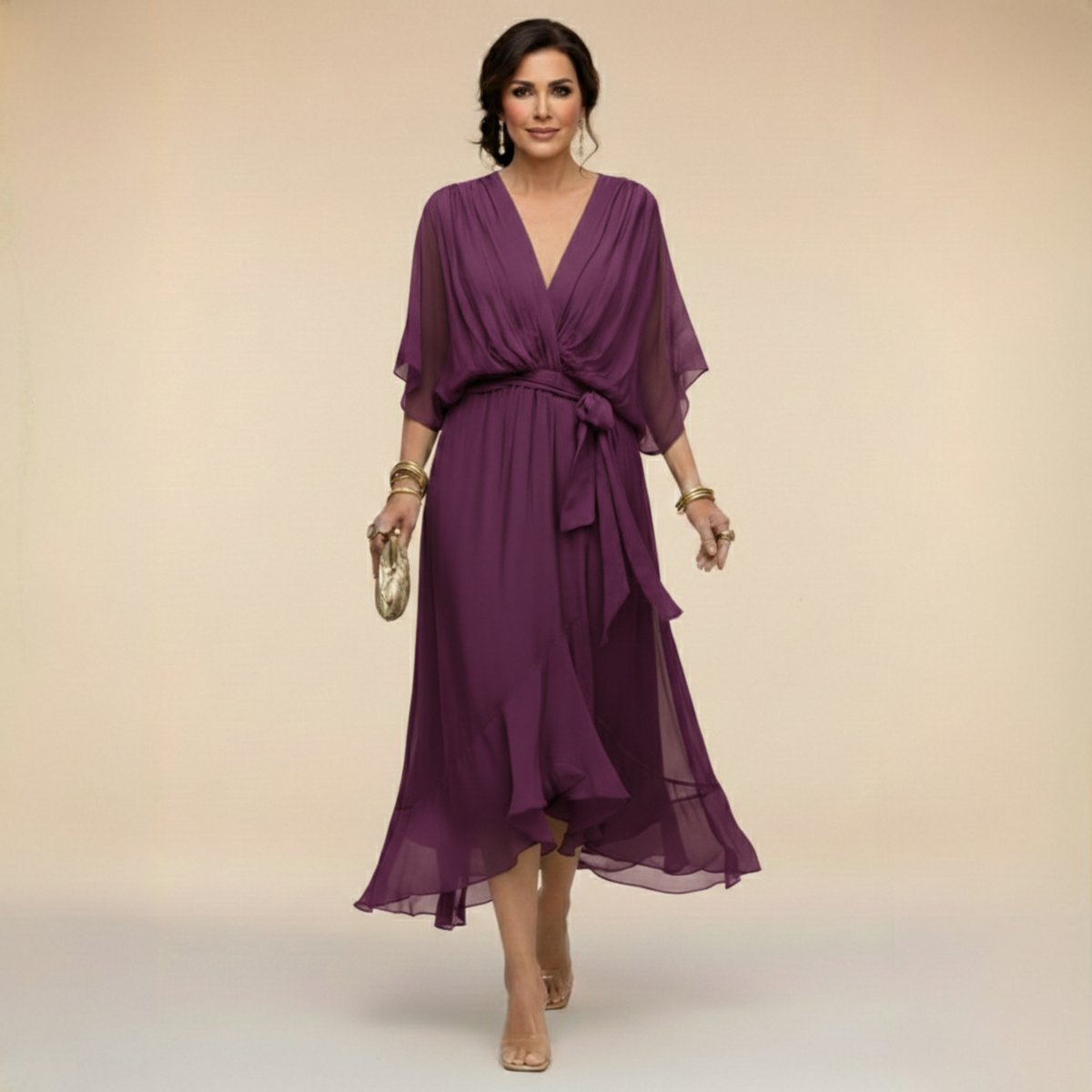 Chiffon Wrap V-Neck Tie Waist Ruffle Hem Midi Dress 3