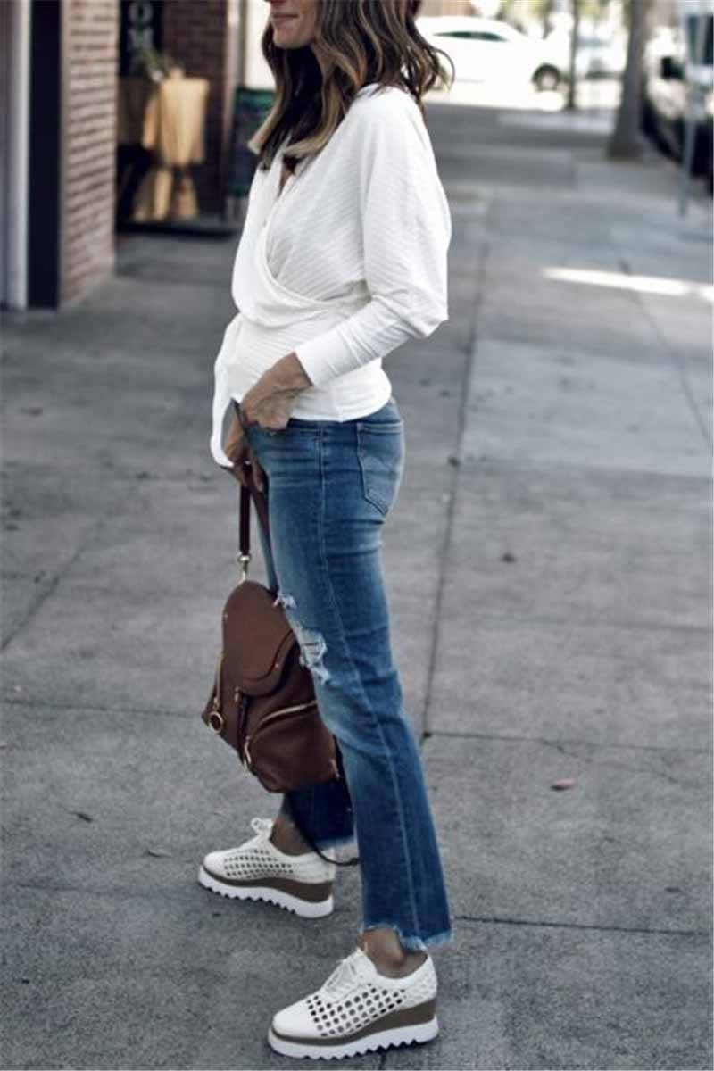 Florcoo Long Sleeves Cross-over Design Bandage T-shirt - Fashionpara