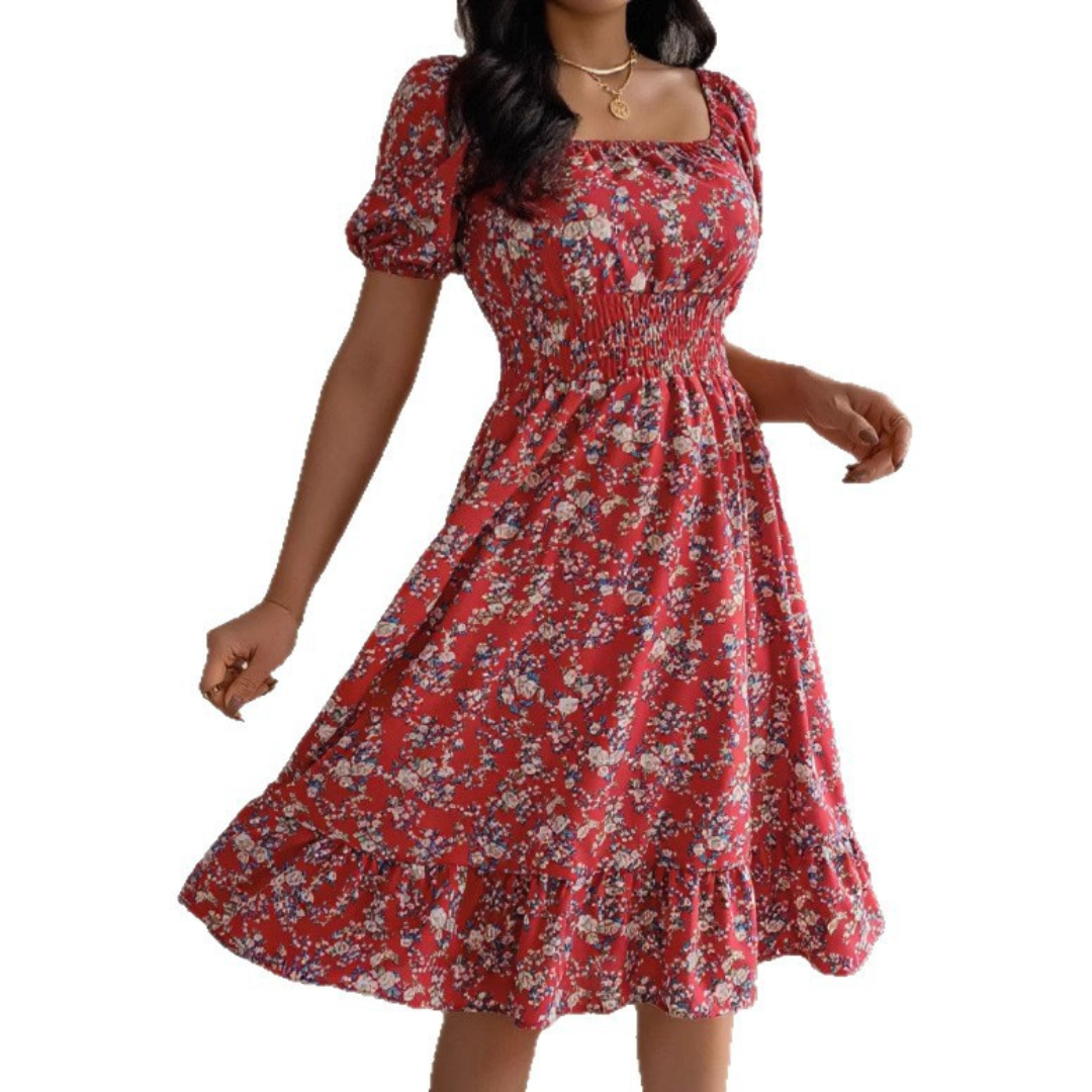 Floral Square Neck Puff Sleeve Smocked Midi Dress 5