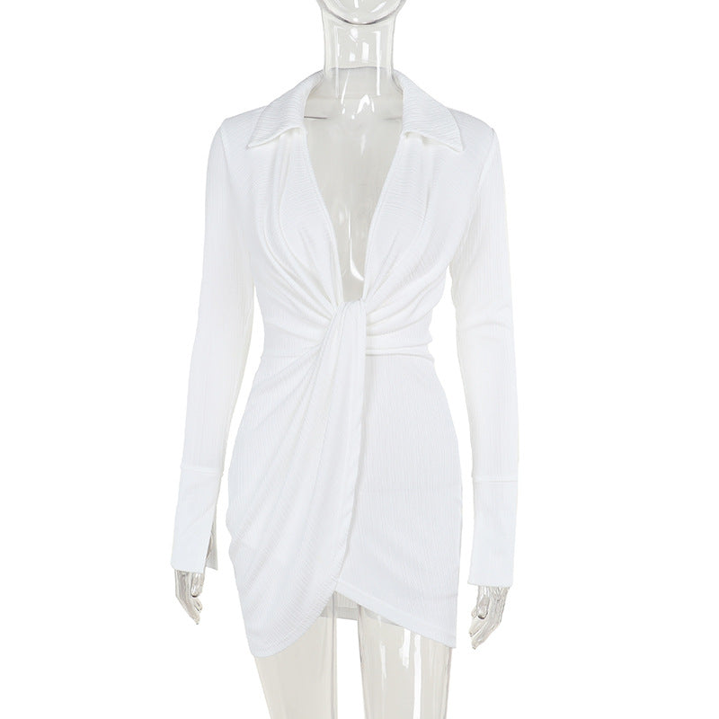 Ribbed Collared Plunge Twist-Front Long-Sleeve Mini Dress 5