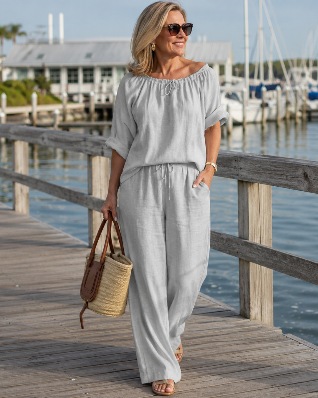 Off Shoulder Top and Wide Leg Pants Two Piece Set