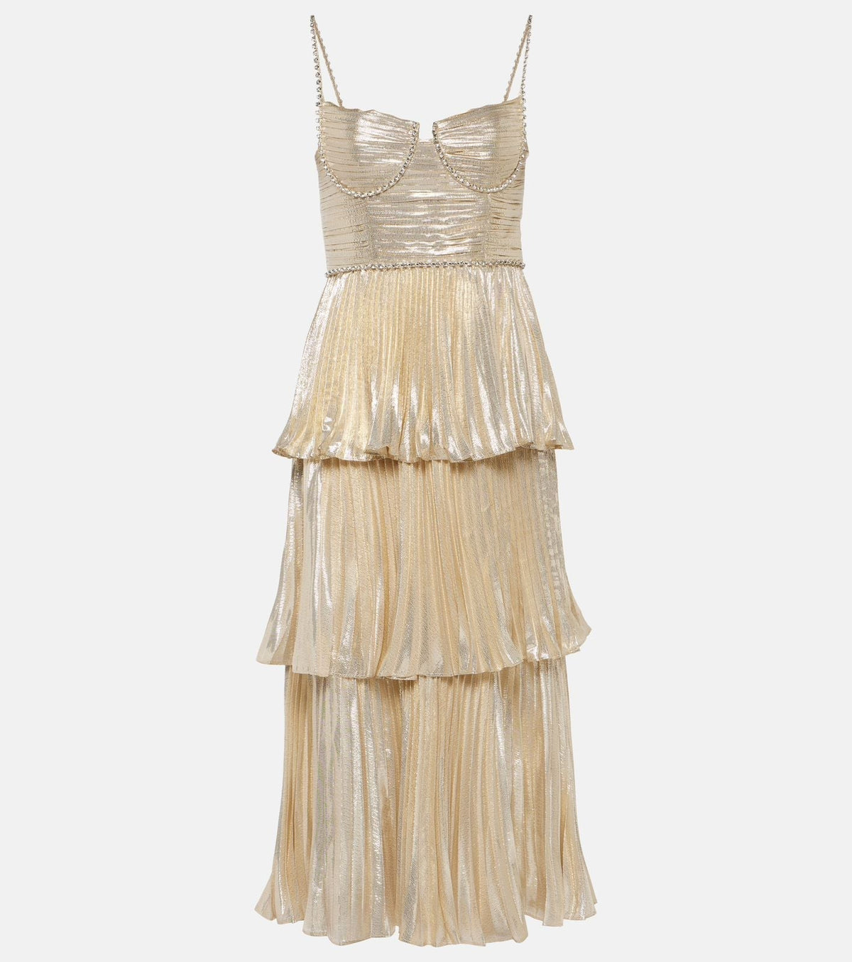 Metallic Plisse Sweetheart Tiered Ruffle Midi Dress 11