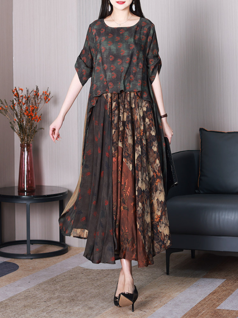 Printed Round Neck Short-Sleeve A-Line Midi Dress 4