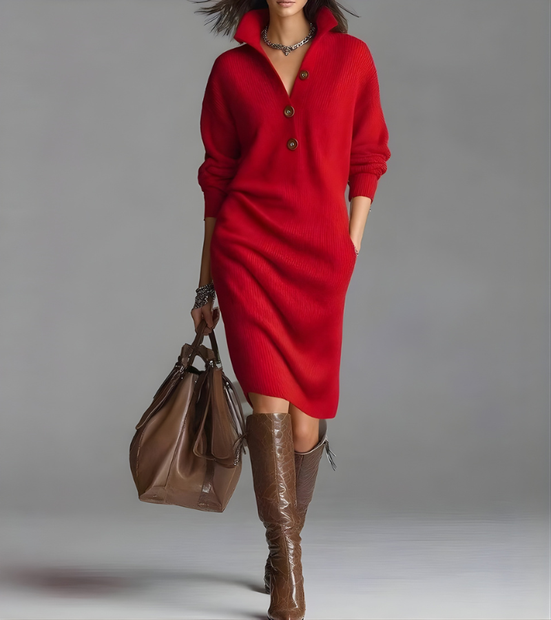 Button Placket Collared Long Sleeve Ribbed Knit Midi Dress 4