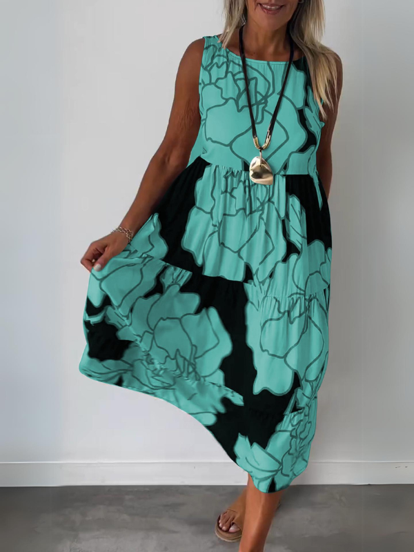 Floral Print Sleeveless Round Neck Tiered Relaxed Midi Dress - View 9