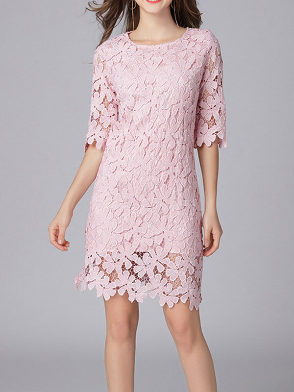 Floral Lace Round Neck Elbow Sleeve Scalloped Hem Shift Mini Dress