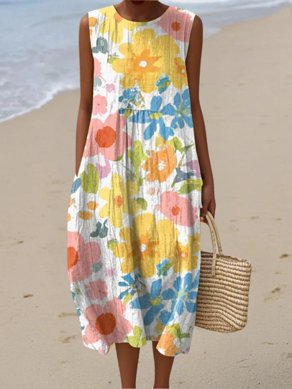 Floral Print Sleeveless Round Neck Midi Dress