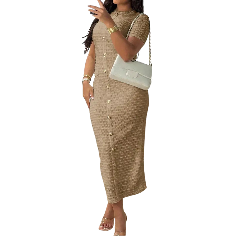 Crew Neck Short Sleeve Button Front Textured Bodycon Midi Dress 6