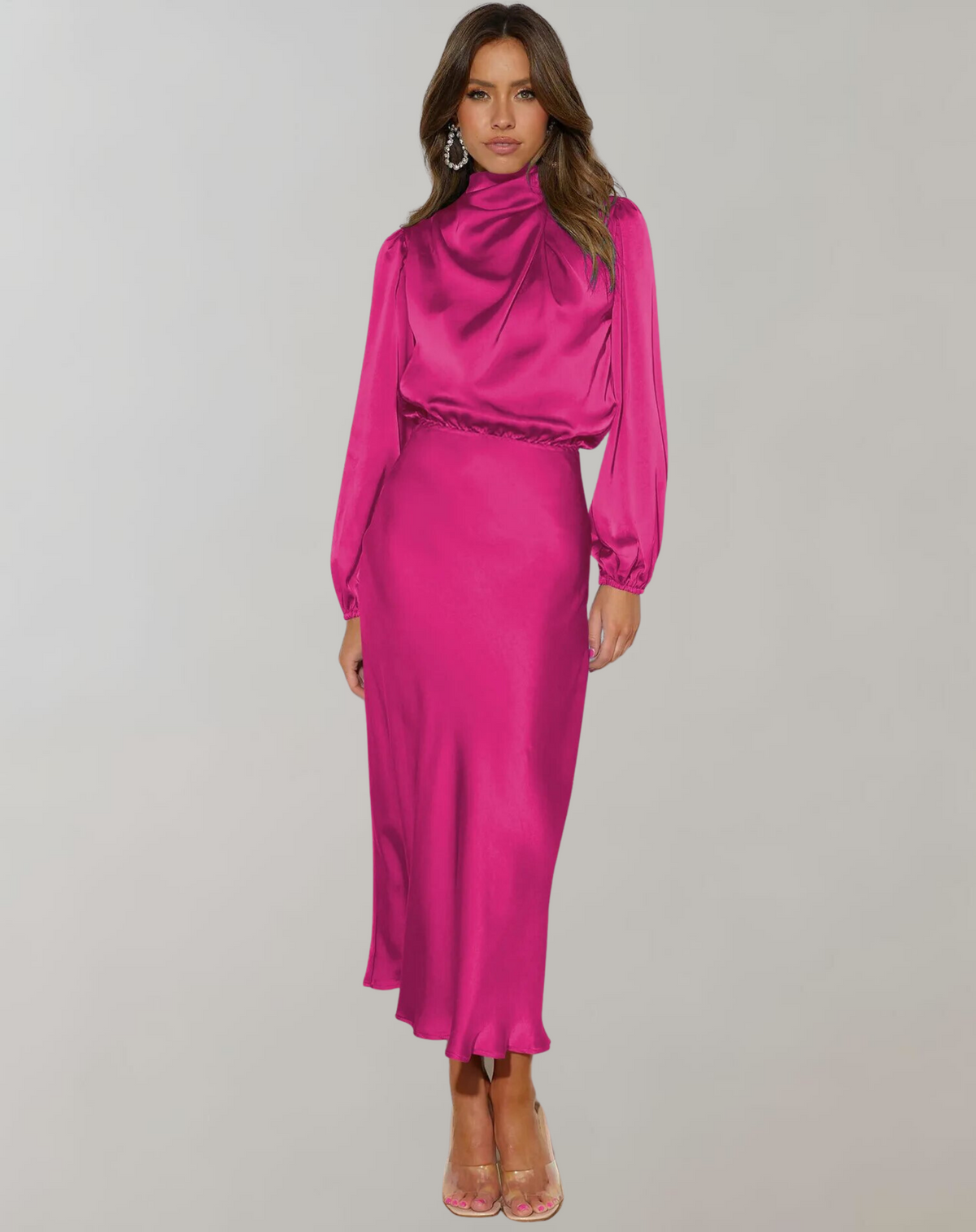 Satin Mock Neck Draped Bishop Sleeve Elastic Waist Midi Dress - View 2