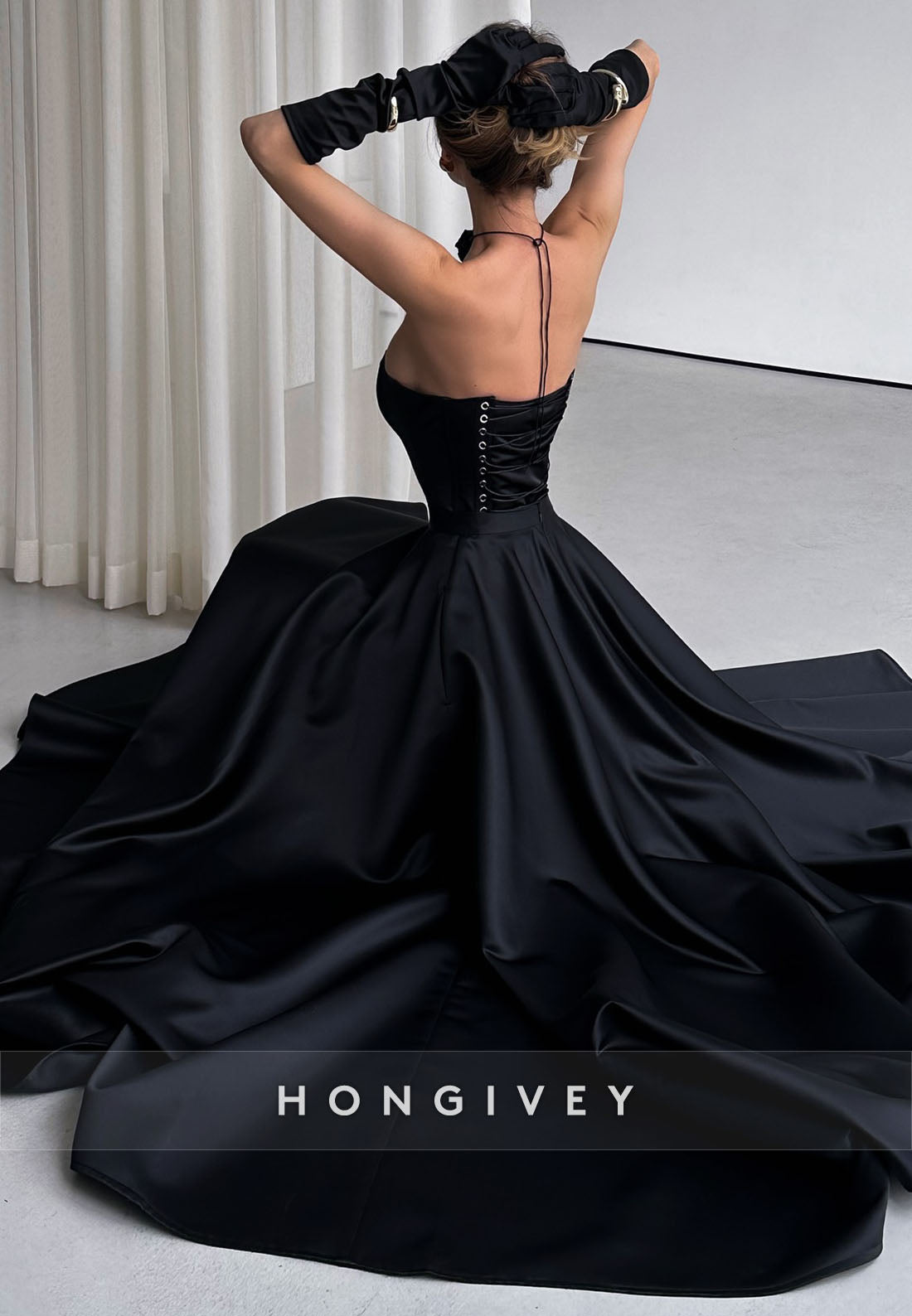 Floor-Length High Slit A-line Off the Shoulder Satin Pleated Evening Gown