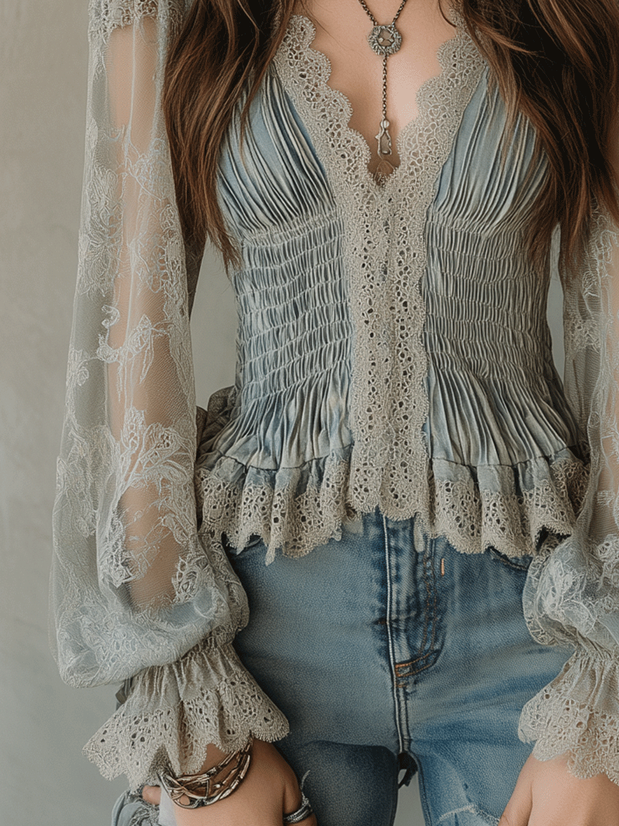 Vintage Bohemian Dusty Blue Lace Peplum Blouse